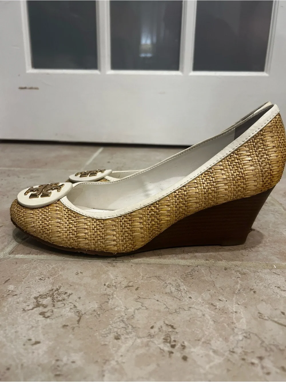 Tory Burch Sally Raffia Natural White Straw Woven Wedge Heels Size 9.5 M